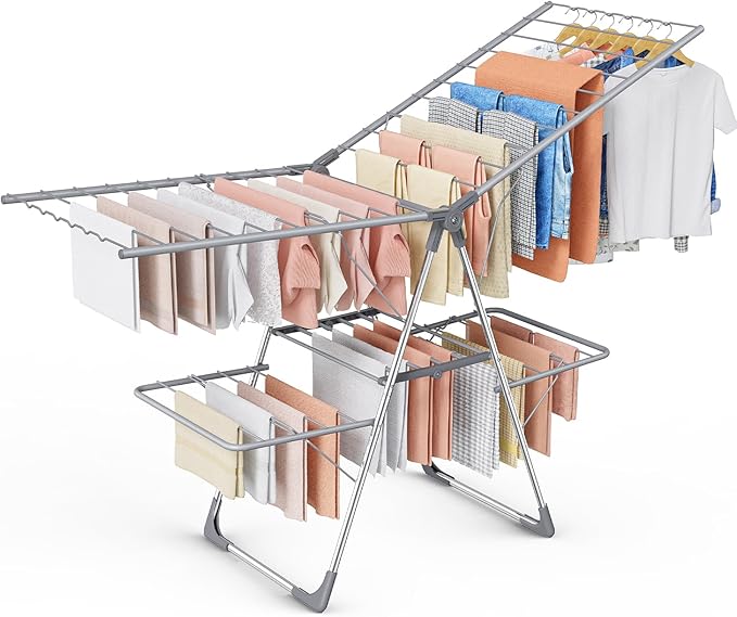 Sakugi Clothes Drying Rack, Foldable 2-Level Laundry Drying Rack with Height-Adjustable Wings, for Clothing & Bedding, Free-Standing Space-Saving Rack, Indoor & Outdoor, 70" L × 22.8" W, Gray