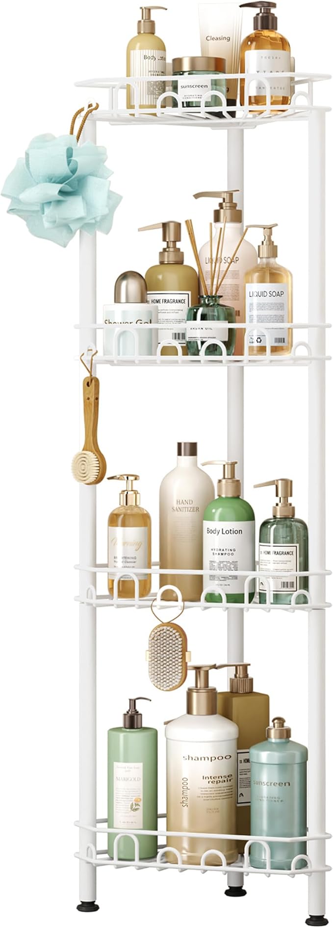 SWTYMIKI Standing Shower Caddy Corner - 4‑Tier Stainless Steel Shower Organizer Shelf with 16 Hooks and Adhesive Pads, Rustproof Corner Shelves Stand Rack for Bathroom Shower Room, white