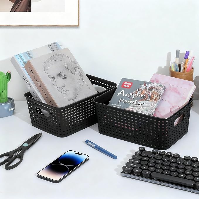 AREYZIN Plastic Storage Baskets Set of 6 Sturdy Small Organizer Bins Storage Baskets for Shelves,Closet,Countertops, Desktops, Cabinets and Badrooms,Black