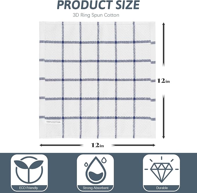 Nialnant 8 Pack Dish Rags,100% Cotton Dish Towels for Kitchen,Super Absorbent Kitchen Dish Cloths,Dish Rags with Hanging Loop,12x12 Inches,Navy Blue