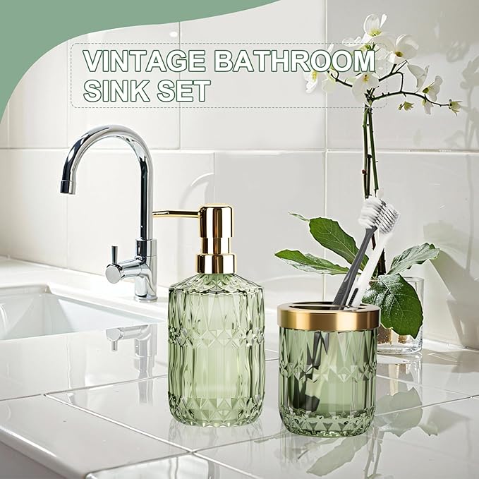 Glass Bathroom Accessories Set, 2PCS Clear Glass Bathroom Accessory, Toothbrush Holder and Soap Dispenser Set for Modern Bathroom Decor(Green)