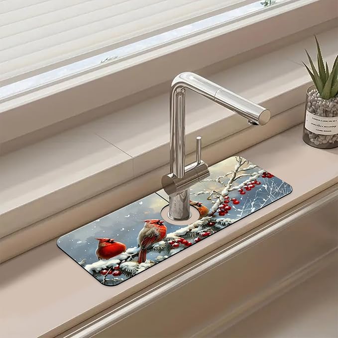 Chrismas Sink Splash Guard Faucet Mat Welcome Winter Absorbent Fast Drying Mat Sink Gadgets Splash Guard Behind Faucet Drip Catcher for Kitchen Bathroom 15.5"X5.5"