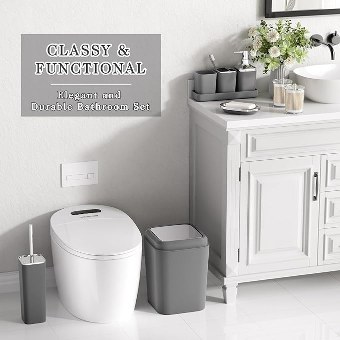 Grey Bathroom Accessories Set, Bathroom Sets with Shower Curtain and Rugs, Trash Can, Tray, Soap Dispenser, Soap Dish, Toothbrush Holder, Toothbrush Cup,Toilet Brush and Qtip Holders for Home