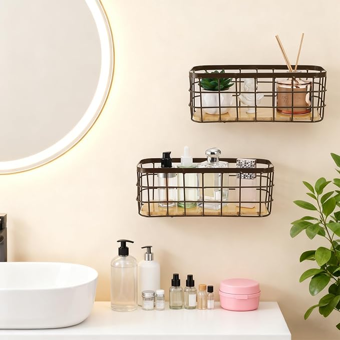 Dicunoy Set of 2 Small Wire Baskets, Narrow Rustic Storage Bin for Bathroom Counter, Farmhouse RectangleOrganizer Tray for Kitchen Countertop, Pantry, RV, School Classrooms, Office Decorative