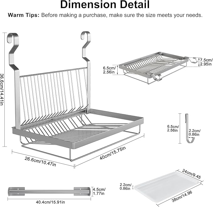 TQVAI Over Sink Dish Drainer Drying Rack, Stainless Steel Foldable Wall Mounted Dish Racks with Drainboard Hanging Rod and Sponge Holder, Silver