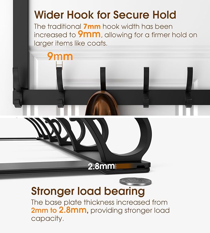 CHAUNCEY HOME Long Over The Door Hooks Hanger with 15.75" Arms for Easier Access by Shorter, Heavy Duty Door Hanger for Coat, F16U, Fits Standard 1 3/4'' Doors, Towel Racks for Bathroom, Black