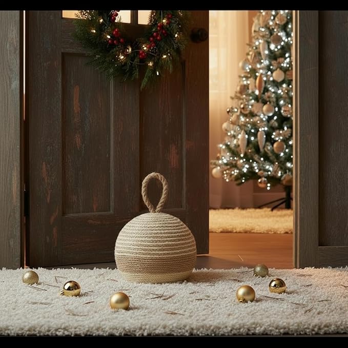 PEMAR Natural Wicker Door Stopper with Handle, Rustic Farmhouse Decorative Door Stop, Heavy Indoor Doorstop, Nautical Blocker Jammer 6.3''D Sphere Ball Shape (Jute)