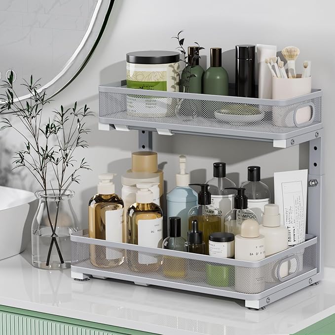 Under Sink Organizer, High Adjustable 2 Tier Under Sink Organizers and Storage, Slide Out Metal Cabinet Organizers, Pull Out Sink Storage Drawer Shelf for Kitchen Bathroom Cabinet, Grey, 2 Pack