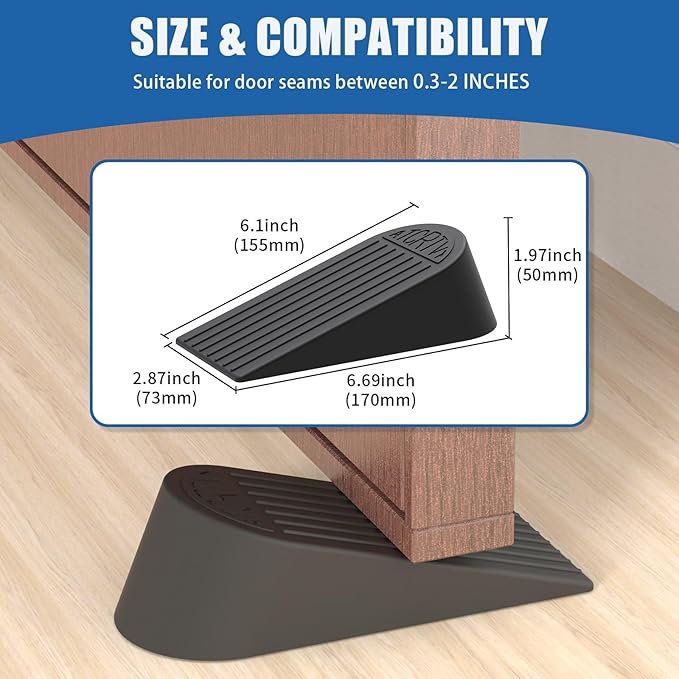 Rubber Extra Large Door Stoppers - 2 Pack Black 1.9 Inches Big Door Stopper Wedge for Bottom of Doorstops,Door Stop for Heavy Duty Doors for Commercial & Home with Self Adhesive Holder