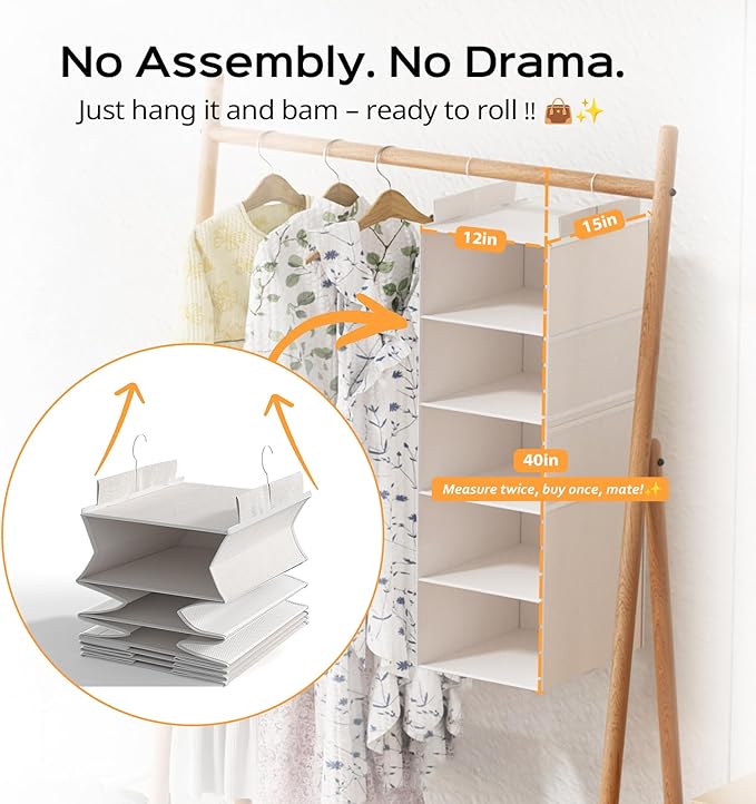 Extra Deep Hanging Closet Organizers and Storage, 5-Tier Closet Hanging Organizer with 4 Mesh Pockets, Heavy-Duty Closet Shelves for Clothes and Hats, Ideal for Dorms and RVs, 1-Pack, White