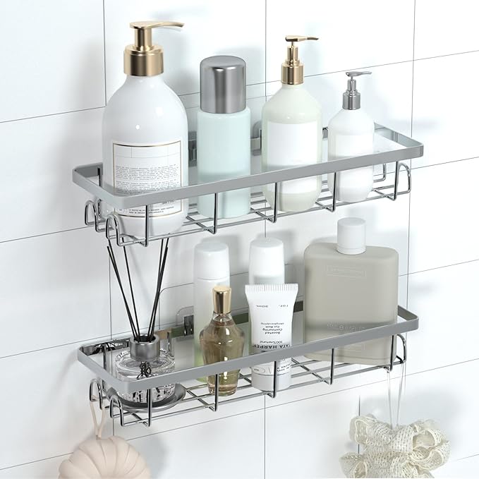 Uninol Shower Caddy Organizer with Hooks,Self Adhesive Bathroom Shelves,No Drilling Bathroom Organizers and Storage,Perfect for RV, Apartment, Home Decor,2 Pack Silvery