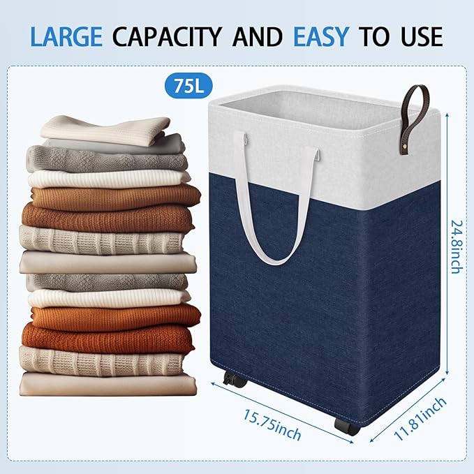 HomeHacks 75L Rolling Laundry Basket with Wheels, Collapsible & Waterproof Laundry Hamper, Mobile Clothes Hamper, Storage Laundry Bins with Handles for Laundry Room, Bedroom, Bathroom & Dorm, Blue