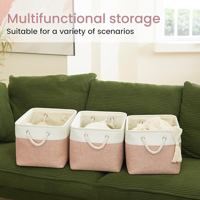 Large Storage Baskets- 15x11x10 inch Storage Bins for Shelves and Closet Organizing, Foldable Fabric Bin for Home Organization Clothes and Laundry (3-Pack, White&Pink)