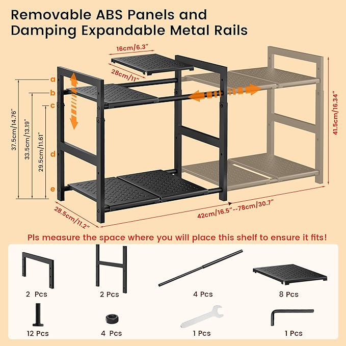 Under Sink Organizer and Storage 16.5"-30.7" Expandable Length, Adjustable Height Max 16.7" Under Sink Shelf 2 Tier with Removable ABS Panels Metal Frame for Bathroom Kitchen Pantry Cabitnet Pot Pan