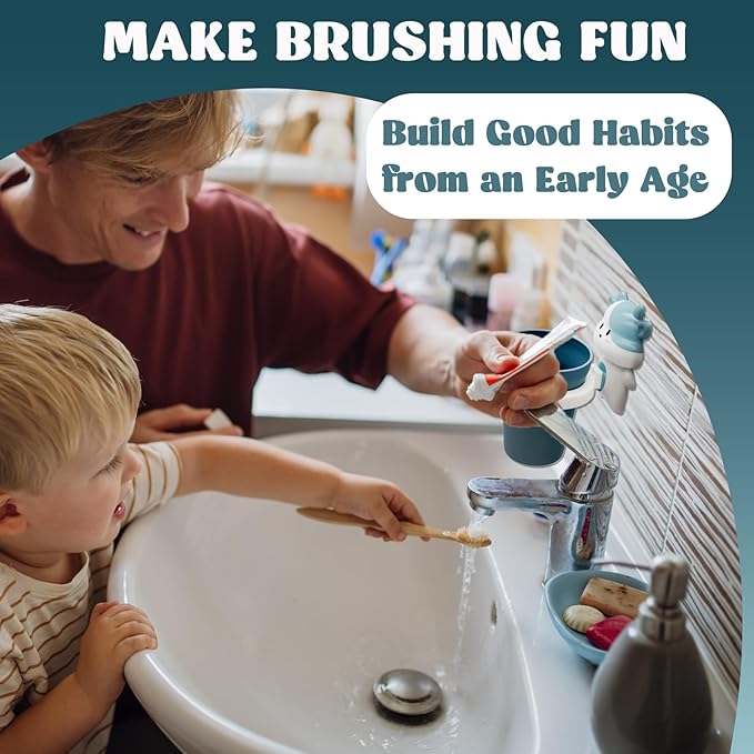 Cute Kids Toothbrush Holder with Cup & Toothpaste Wall Mounted, Adhesive Bathroom Organizer - Kids Bathroom Decor Accessories, Animal Toothbrush Holders for Kids - Blue Cow