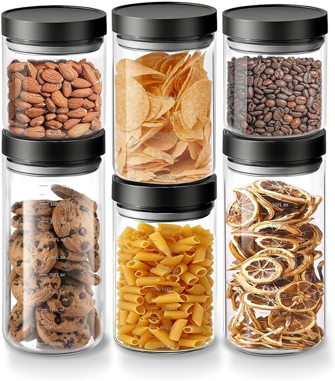 Danbark Set of 6 Mixed Sizes Airtight Glass Storage Canisters with Lids - Pantry Organizers and Storage Glass for Kitchen - for Pantry, Flour, Sugar, Coffee, Tea, Pasta, Rice, and Snacks - Black