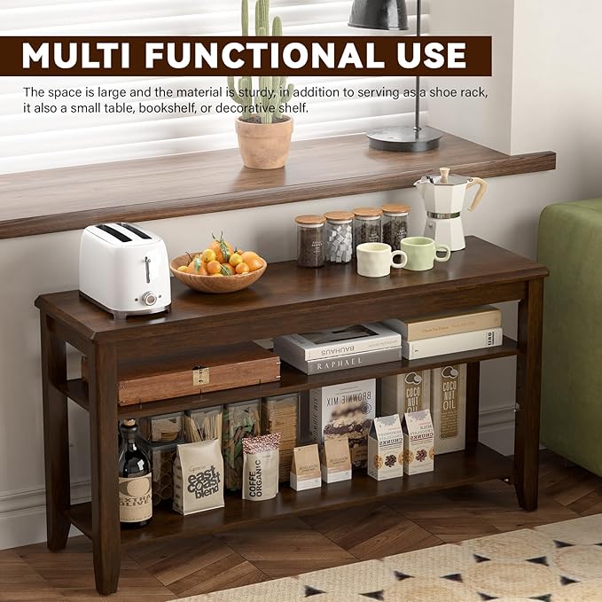 Taitiy Shoe Bench Storage Rubberwood, Entryway Bench with 3-Tiers Height Adjustable, Shoe Rack Front Door Entrance Organizer for Hallway Living Room, Mudrooms, Walnut,31.5"