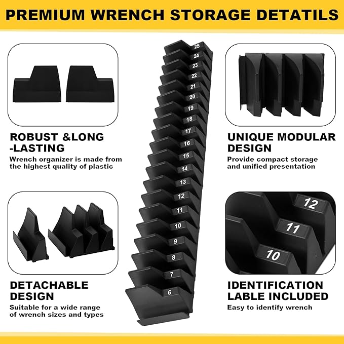 Chunful 100 pcs Modular Wrench Organizer Holder Wrench Tool Organizers Storage Racks Set with Metric & SAE Label for Tool Box Drawer Storage for Father Brother Professional Mechanics Men (Black)