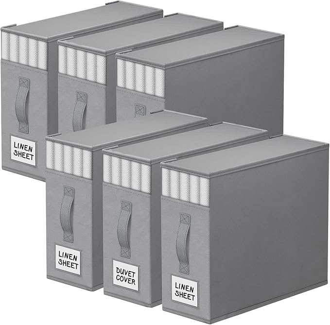 6 Pack Bed Sheet Closet Organizers and Storage,Sturdy Foldable Storage Containers with Window and Label,Storage and Organization for Bedding Sheets,Duvet Covers,Blankets (Grey)