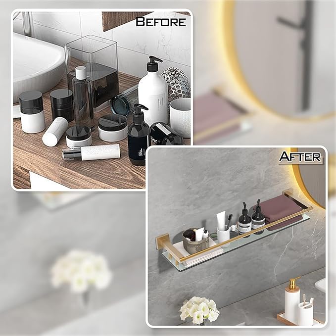 SFGSOWOR Glass Shelf for Bathroom 24 inch Rectangular Stainless Steel Wall Sheves Tempered Glass Modern Stainless Steel Wall Mount Accessories Organizers Storage (Brushed Gold)