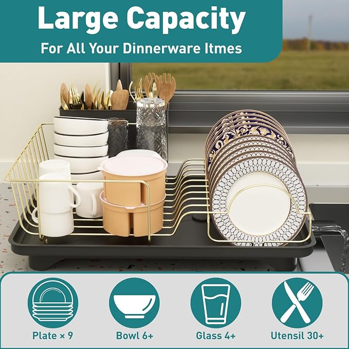 Buruis Dish Drying Rack for Kitchen Countertop, Large Capacity Gold Stainless Steel Dish Drainer with Anti-Slip Rubber Feet, Removable Drain Board and Utensil Holder (Black Tray)
