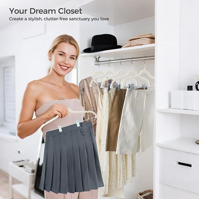 HOUSE DAY Velvet Hangers with Adjustable Clips 20 Pack, Non-Slip Suit Organizer with 360° Hook - Heavy Duty Hanger for Pants, Skirts, Blouses, Dresses - Outfit Hangers All-Season Space Saver (Ivory)