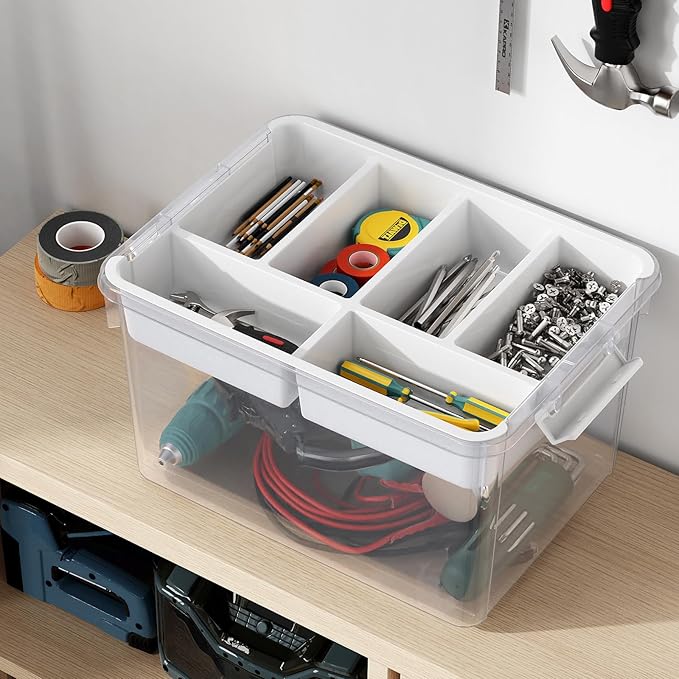 HOMETUK 40Qt Large Stackable Storage Bin with Lid & Tray, Clear Plastic Latching Box Organizer with Divider Portable 10Gal Container for Arts & Crafts, Home and Car Trunk Organization, 1Pack