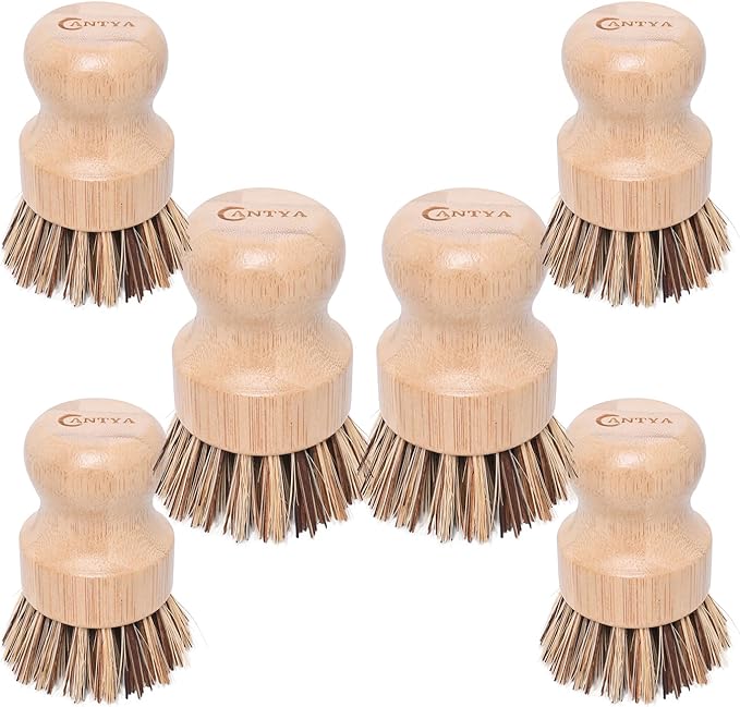 6 Pcs Bamboo Wok Brush - Hard Bristle, Eco-Friendly Bamboo Brush for Dishes, Biodegradable, Kitchen Dish Brush for Cleaning Pots, Pans, Grills and Stoves