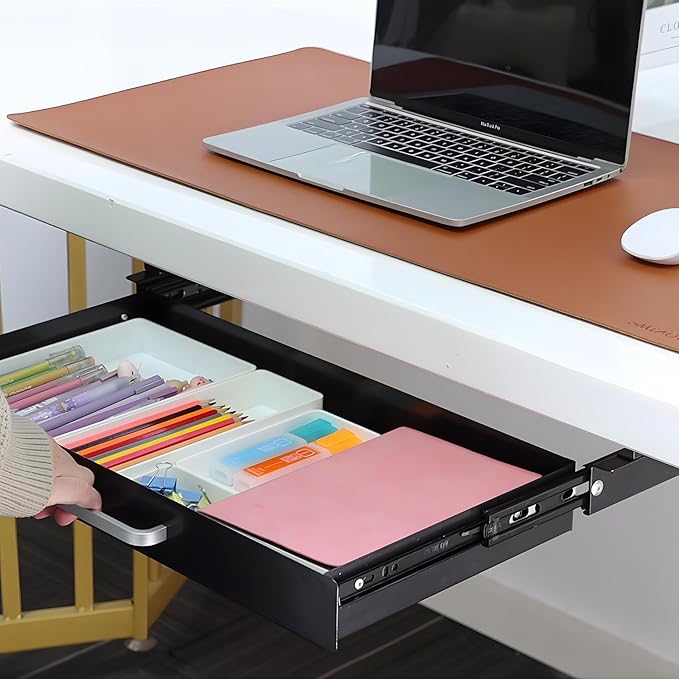 Under Desk Drawer Black 21" with 4 Divider Trays, Under Shelf Pencil Drawer Pull-out, Standing Desk Metal Storage Attachment Slide Out for Workbench