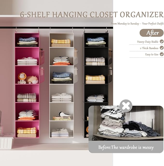 VERONLY Hanging Closet Organizer and Storage with Bamboo Support, 6-Shelf Closet Hanging Storage Shelves, Closet Organizers Easy Mount Foldable for Bedroom