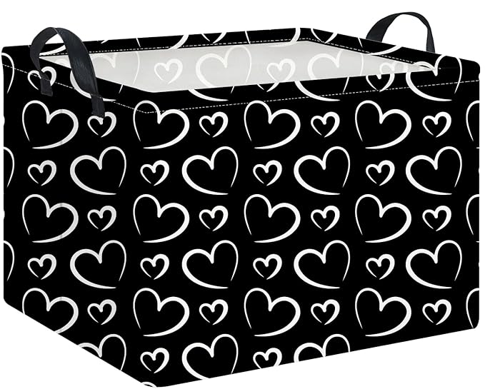 Rectangular Black Basket,Gift Basket Empty,Heart Print Toy Bin with Handles,Kids Toys/Books Box,Room Decor(Black Love)