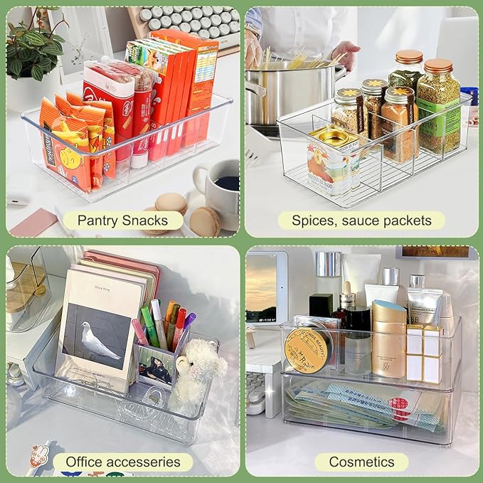 6 Pack Food Storage Organizer Bins Clear Plastic Removable Snack Organizer Pantry Organization Storage Racks with 3 Dividers, Kitchen, Cabinets Snacks, Packets, Spices, Pouches Stackable Bins