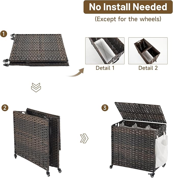 Laundry Hamper with Wheels, 34.3 Gallon(130L) Rolling Laundry Basket with Lid, 3-Section Rattan Clothes Hamper with 3 Removable Liner & 3 Mesh Bags, Laundry Sorter with Side Pocket, Brown