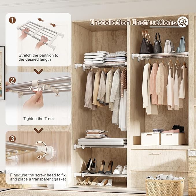 Hershii Tension Shelf Expandable Rod Closet System Heavy Duty Clothes Hanger Adjustable DIY Storage Organizer Shoe Rack