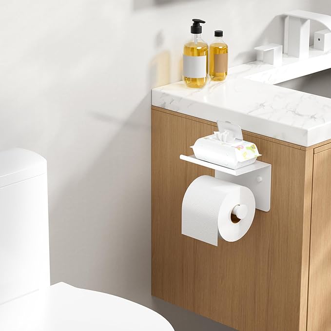 Toilet Paper Holder with Shelf, Adhesive or Screw Wall Mount Toilet Paper Roll Holder for Bathroom, Rustproof 304 Stainless Steel Toilet Roll Tissue Holder Dispenser with Phone Shelf (1, White)