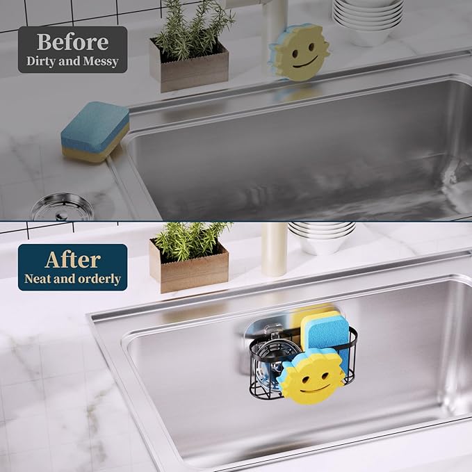 Consumest Sponge Holder Smiley Face - Kitchen Sink Caddy, Sink Organizer with Removable Suction Cups & Adhesive Strips, Suit for Sponge, Soap, Black