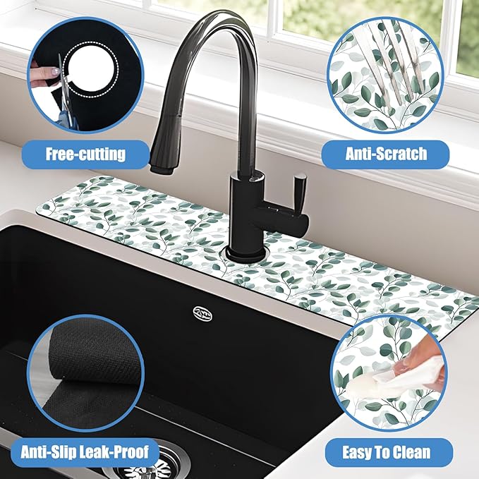 Sink Faucet Absorbing Mat Green Eucalyptus Leaf Sink Splash Guard Drying Mat for Kitchen Bathroom Faucet Sinkmat 23.5"X5.5"