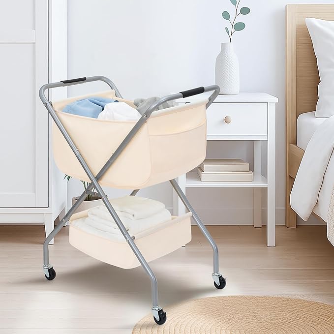 STORAGE MANIAC Collapsible Laundry Cart with Wheels 31.5"H Rolling Laundry Hamper Clothes Basket with Wheels, Canvas Liner Sturdy Steel Frame Folding for Small Narrow Space Easy Storage, Beige