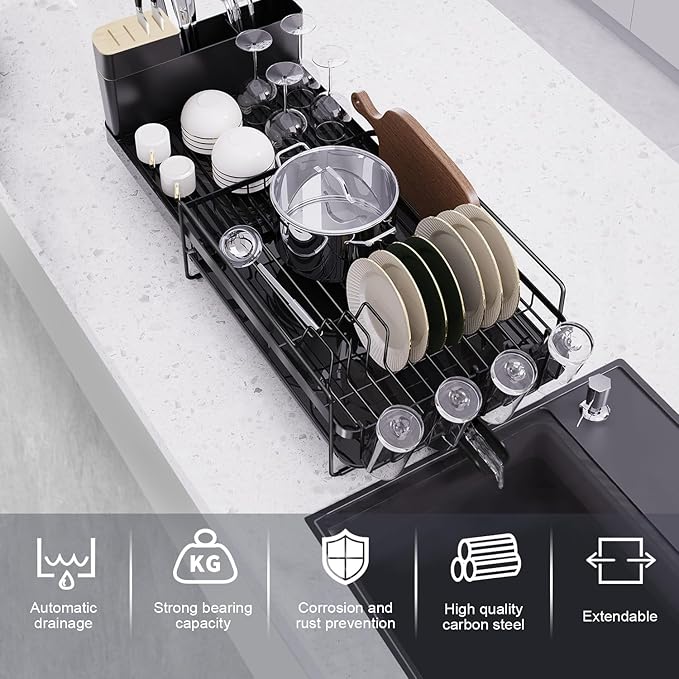Runnatal Dish Drying Rack Extendable, Large Dish Rack with Drainboard, Utensil Holder, Cup Holder, Expandable Dish Drainer for Kitchen Counter, 20.5"-27.6" L x 12.6" W