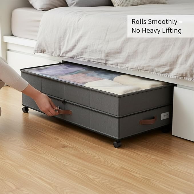 Under Bed Storage with Wheels, 72L XXL Large Capacity Under bed Storage Container with Clear Lids, 11 inches Height UnderBed Shoe Bins for Blanket, Clothing, Comforter, Sweaters, Pillows