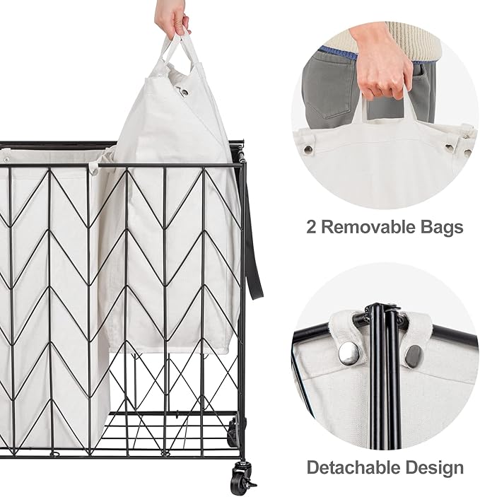 WOWLIVE Laundry Basket with Wheels, Heavy Duty Laundry Hamper with Wood Lid, Clothes Hamper with Divided Removable Liner Bag, Large Capacity Iron-Made Laundry Sorter Laundry Room Organization (Beige)