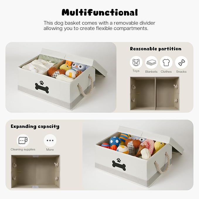 Dog Toy Basket with Double-Open Lid, Divided Dogs Basket for Toys, Collapsible Pet Toys Box, Dog Storage Organizer with 2 Divided Area, Puppy Toy Baskets with Rope Handles, Beige & Gray