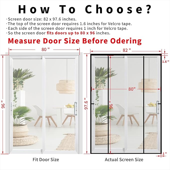 Double Door Mesh Screen Magnetic Closure Heavy Duty for Sliding Door 80" x 96" Extra Long Magnet Bug Screens for French Doors, Self Closing Fiberglass Mosquito Net for Doorway, Keep Bugs Out