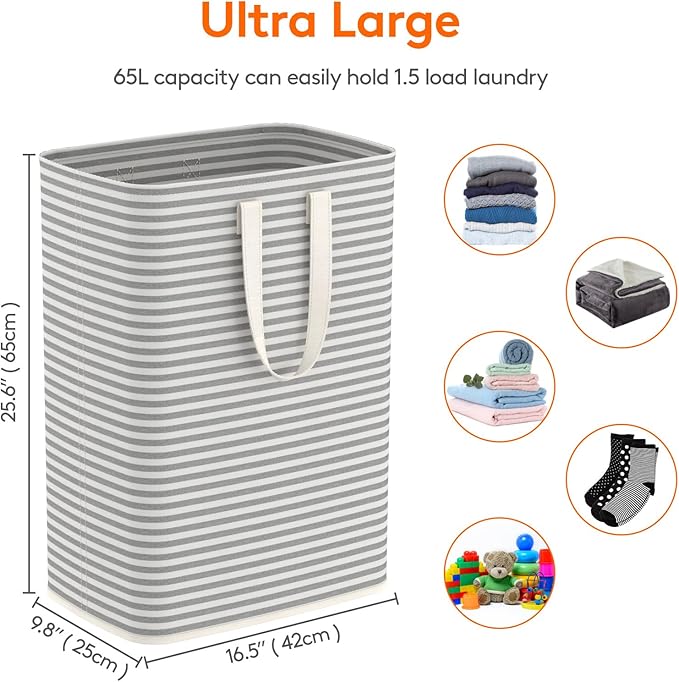 Lifewit 1 Pack Laundry Hamper Large Collapsible Laundry Baskets, Freestanding Waterproof Clothes Hamper with Easy Carry Handles in Laundry Room Bedroom Bathroom College Dorm, Grey, 65L