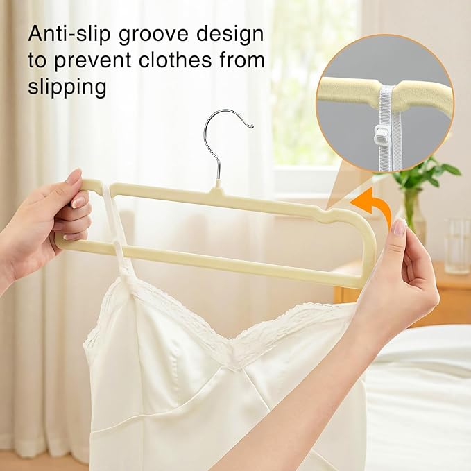 60 Pack Beige Velvet Pants Hangers with 60 Hooks Non Slip, Felt Trouser Hanger for Closet, Thin Space Saving Clothes Hanger, Strong, Durable, 360 Degree Rotatable Hook for Tank Top, Shorts