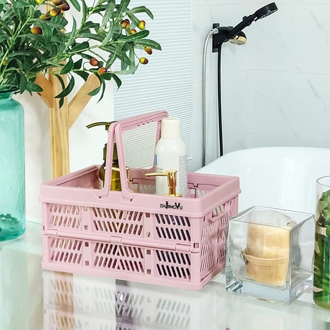 crates for storage,plastic baskets for organizing,collapsible shopping basket,foldable crate with Handles,collapsible storage crate,car basket,for Kitchen,Bathroom,Medicine.small,Pink