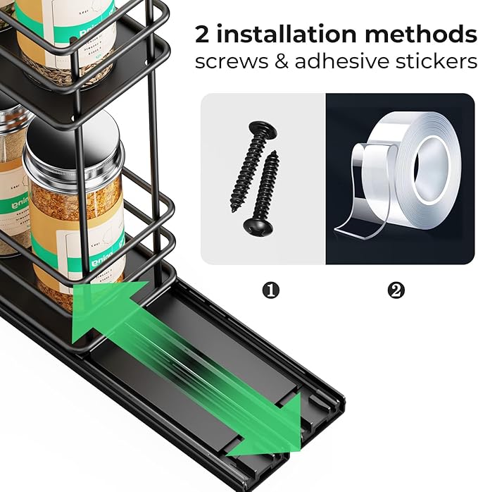 Pull Out Spice Rack Organizer for Cabinet, Slide Out Spice Racks, Easy to Install Spice Cabinet Organizer, 2.5" Wx10.43 Dx8.26 H, 1 Drawer 2 Tiers（Black）