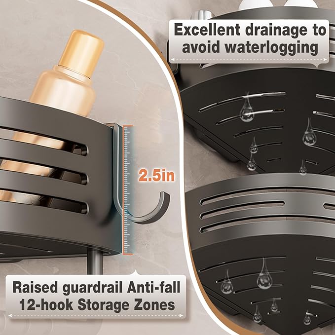 Conworld Corner Shower Caddy Suction Cups, Corner Shower Shelf for Inside Shower, Organizer Suction for Bathrooms Storage, No-Drilling Removable (Aluminum, 2-Pack, Gunmetal Gray)