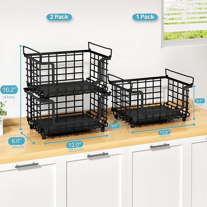 2 Pack Stackable Metal Wire Vegetable Fruit Basket for Kitchen Counter Cabinet, Pantry Organizers and Storage Basket, Food Can Snack Onion Potato Bread Storage Shelf Freezer Organizer Bins Black