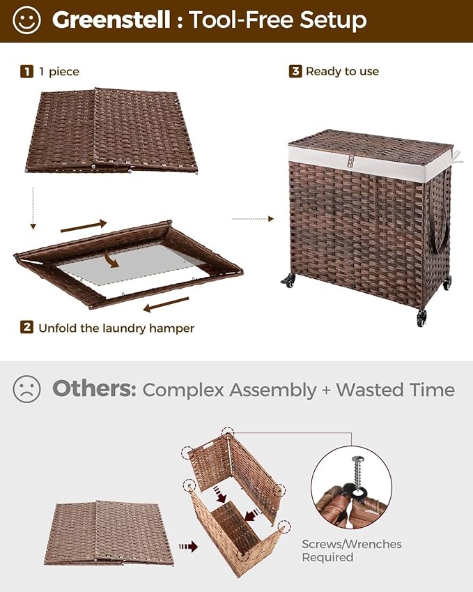 GREENSTELL Laundry Hamper with Wheels&Lid, 130L Large 3 Sections Clothes Hamper with 2 Types Removable Liner Bags, 5 Mesh Laundry Bags, Handwoven Divided Laundry Basket Brown